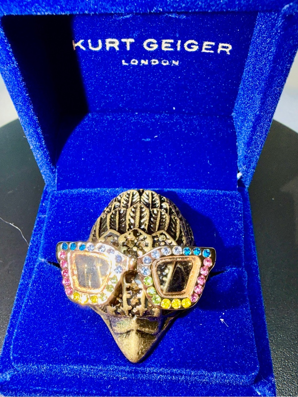 Kurt Geiger Multicolor Crystal Sunglasses Ring - Gold Tone NWT Size large 8-9